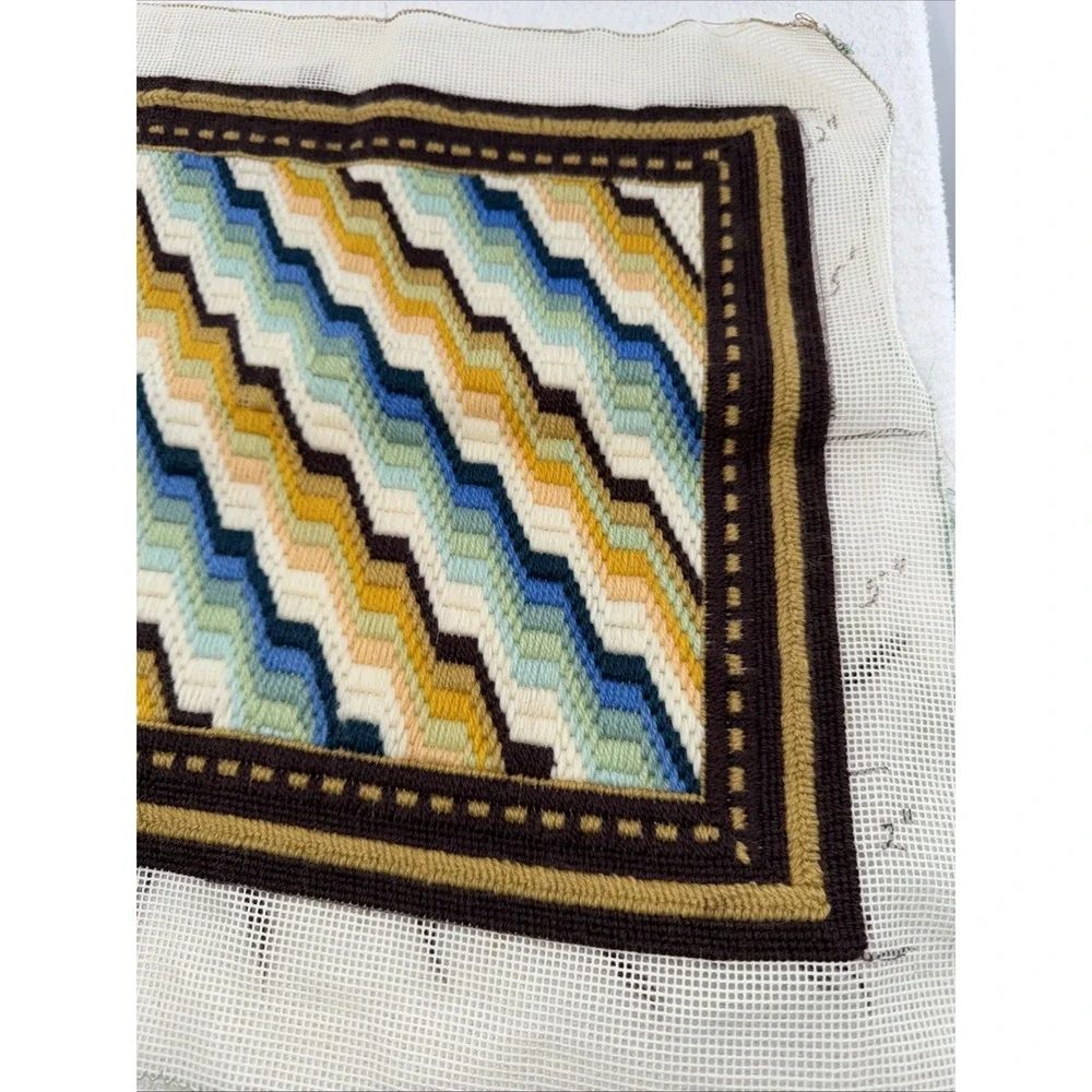 Vintage Needlepoint Unfinished Square Geometric Design Pillow or Framed Art